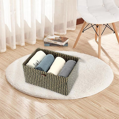 Hipiwe Wicker Shelf Baskets Bin with Lid, Handwoven Seagrass Basket Storage Bins Rectangular Household Basket Boxes for Shelf Wardrobe Home Organizer,Black,Large