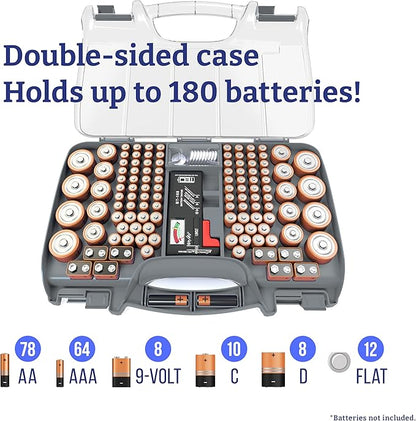 THE BATTERY ORGANISER Storage Case with Tester, Stores & Protects Up to 180 Batteries, Hinge Clear Cover with Locking Lid, Garage Gadget Organization Holds AA AAA C D and More, Gray