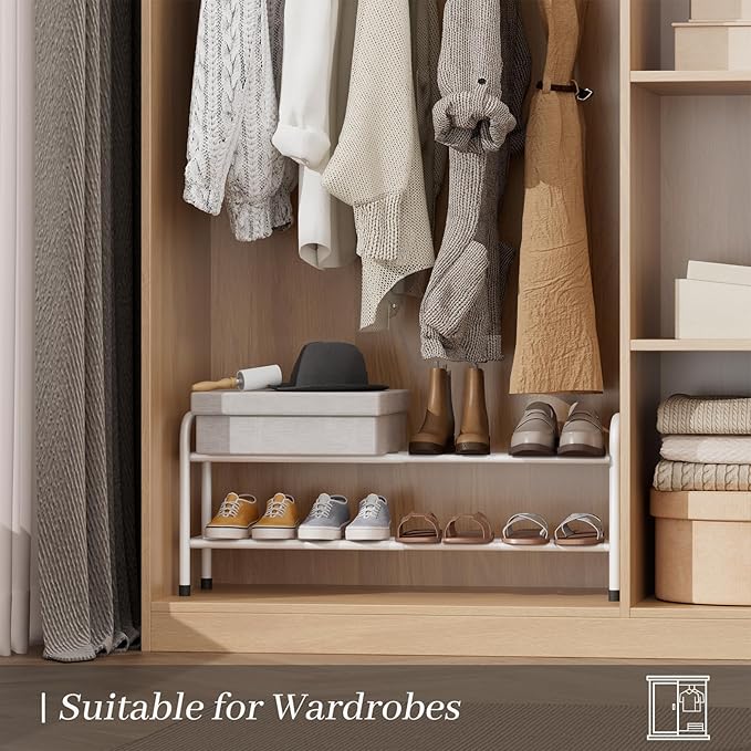Expandable Shoe Rack, 2-Tier Metal Small Shoe Rack, Adjustable Shoes Organizer, Storage Shelf for Closet, Entryway, White