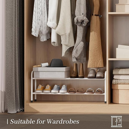Expandable Shoe Rack, 2-Tier Metal Small Shoe Rack, Adjustable Shoes Organizer, Storage Shelf for Closet, Entryway, White