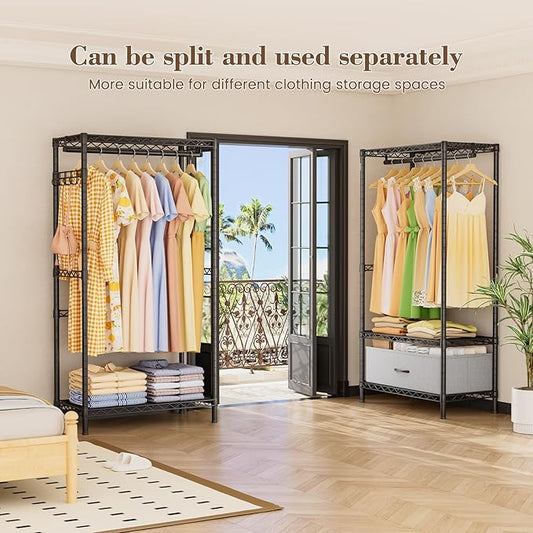 Coat Rack Clothes Wardrobe：Closet Organizer and Storage Clothing Garment Rack with Shelves Heavy Duty for Hanging Clothes Portable Adjustable Black 15.8" DX69 WX76.5 H