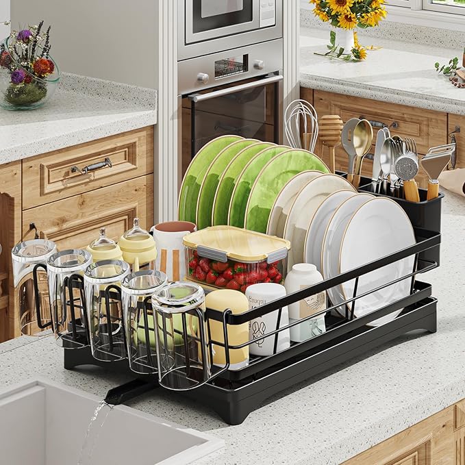Ekisemio Dish Rack, Dish Drying Rack for Kitchen Counter, Dish Drainer with Cutlery Holder for Large Capacity, Kitchen Organizer for Dishes with Drip Tray, 12" D x 15.7" L, Black