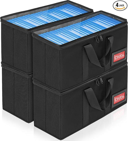 DVD Storage Case 4 Pack, Each Holds 25 DVDs (100 Total), 15.5" x 5.7" x 8", Portable Organizer Bag with Clear Cover, Zipper & Handles, Black