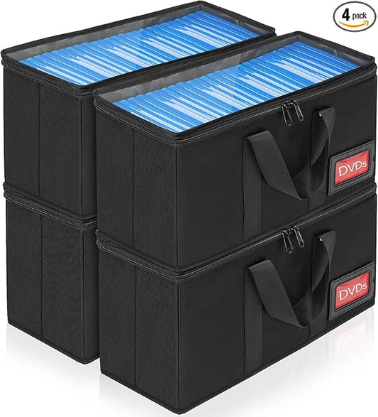 DVD Storage Case 4 Pack, Each Holds 25 DVDs (100 Total), 15.5" x 5.7" x 8", Portable Organizer Bag with Clear Cover, Zipper & Handles, Black