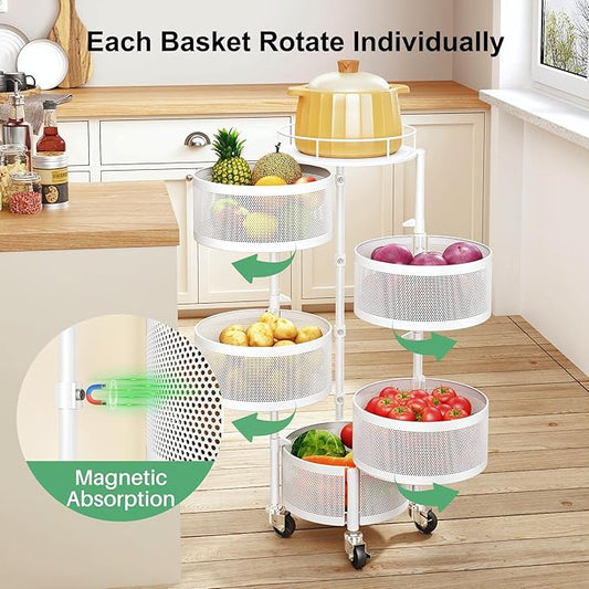 SAYZH Fruit Vegetable Basket for Kitchen, Rotating Storage Rack, 5 Tier Rolling Cart with top lid, Large Metal Wire Wheels (White)
