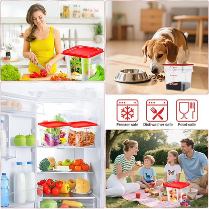 WELKOR Airtight Square Food Storage Containers with Lids 4-Pack, Lock-Tight Seal for Flour, Sugar, Cereal, Keep Food Fresh, BPA-Free Stackable Kitchen Canisters with Measurements (Red, 6QT-4PACK)