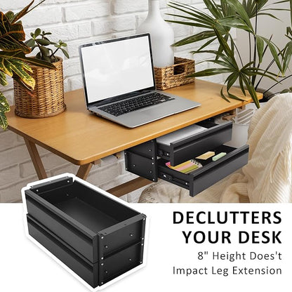 15 in 2-tier Under Desk Drawer,Adjustable Height, Pull out Storage Organizer with Slide Extension Mounted Under Flat Wooden Table or Workbench, Carbon Steel Hidden Desk Drawer
