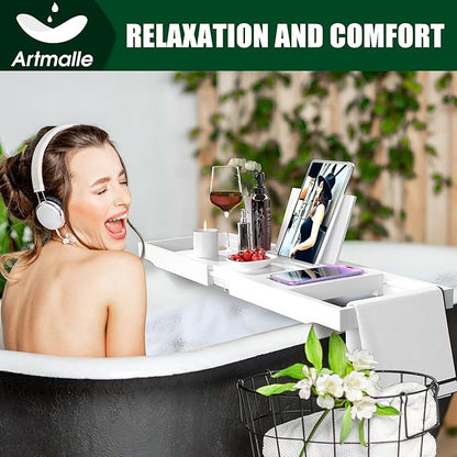 Artmalle Bathtub Tray for Tub, Expandable Bamboo Bath Caddy Tray with Book Holder for Home Spa Relaxing, Foldable Minimalist Bathroom Accessories for Women Men (Simple, White)