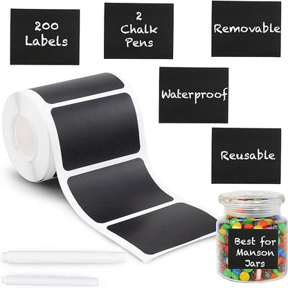 Mantah Rectangle Chalkboard Labels 200pcs with 2 White Chalk Marker, Reusable Waterproof Chalk Label for Storage Bin, Labels for Food Container, Label for Jars, Containers