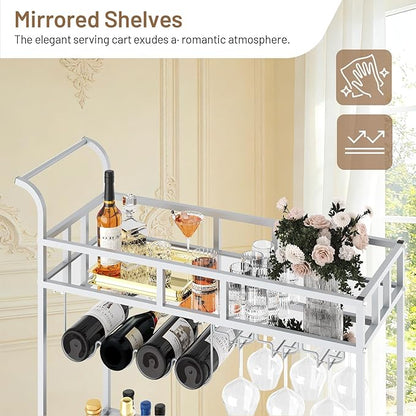 TrailBlaze Silver Mirrored 2-Tier Bar Cart with Wheels – Portable Beverage & Wine Serving Trolley, 4 Bottle Racks & 3 Glass Holders – Modern Metal Design for Home, Kitchen, Dining, Living Room
