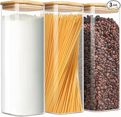 2.2 Qt Square Glass Storage Containers with Lids, Clear Food Storage Container Jar with Sealing Bamboo Lid Storage Containers for Pasta, Oats, Coffee, Flour, Sugar (Square -3Pack)
