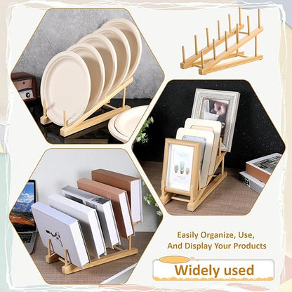 Zelphvt 5 Pack Wooden Dish Rack Wooden Plate Stands for Display Multi Tier Plate Holder Cabinet Organizer, Craft Show Vendor Counter Display Rack for Tabletop Book, Art Prints and Platter