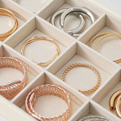 Stackable Jewelry Organizer Tray For Drawers,White Leather Small Earring Storage Tray,Bracelet And Necklace Display Box,Jewelry Ring Display Case (Creamy White 12 Grids)