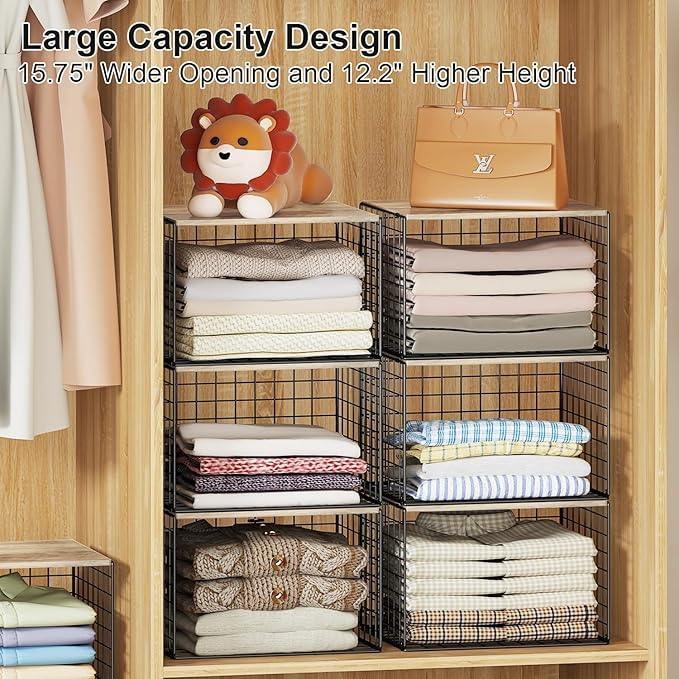 Widened & Heightened Closet Organizers And Storage Shelves With Top Board, Set of 3 Stackable Closet Shelf Organizer Storage Bin Basket For Clothes Sweaters,Space-saving, Sturdy,Wider Higher Size