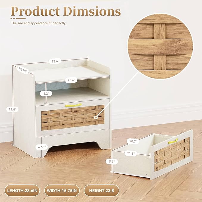 HOCAT 24" Rattan Nightstand with Storage Drawer, White Bedside Table with Semi Open Cubby, Boho Night Stand with Farmhouse Arched Base for Bedroom, Side Table, End Table for Dorm