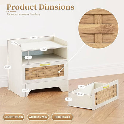 HOCAT 24" Rattan Nightstand with Storage Drawer, White Bedside Table with Semi Open Cubby, Boho Night Stand with Farmhouse Arched Base for Bedroom, Side Table, End Table for Dorm