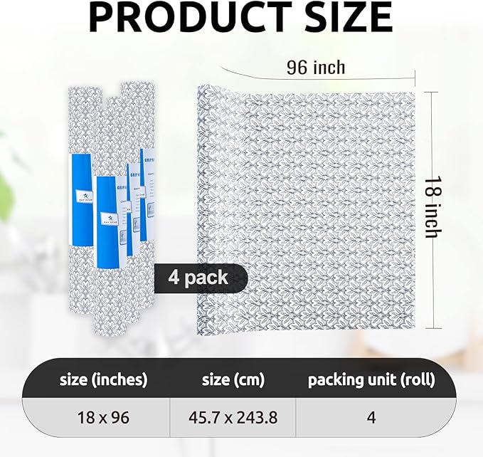 RAY STAR 18X96 Inch Shelf Liner for Kitchen Cabinets, Non-Adhesive Cabinet Liner Washable, PVC Drawer Liner for Dresser Non-Slip Bathroom (Black Floral)(4 Roll)