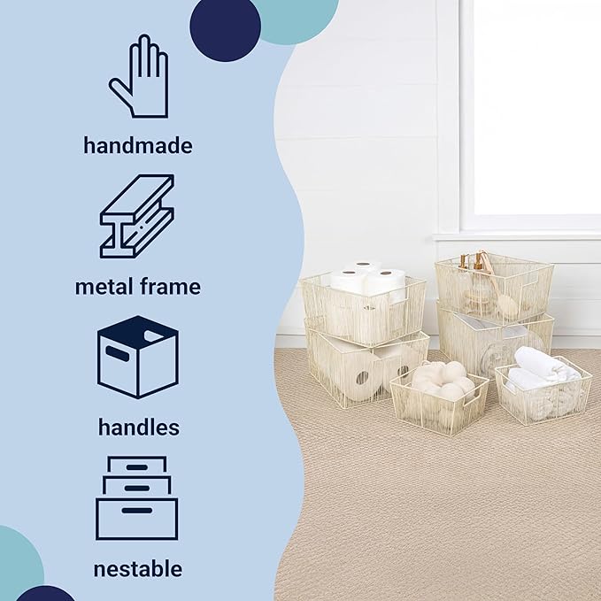 happimess BSK3000C-6SET Sutton Modern Glam Nesting Wire Metal Storage Baskets, for Shelves, Cabinets, Pantry, Countertop, Mesh Open Bin Basket for Organizing Supplies, Almond (Set of 6)