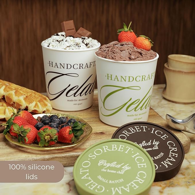 Set of 2 Ice Cream Containers, 1 Quart Each Reusable Freezer Storage for Homemade Gelato, Sorbet & Frozen Yogurt, 2 Spoons Included, Stackable Containers with Silicone Lids BPA Free