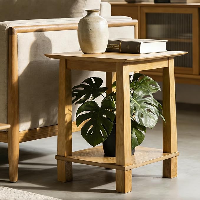 chairus Square End Table, Modern Accent Nightstand with 2-Tier Storage Shelf, Solid Wood Small Side Table for Living Room/Bedroom, Natural