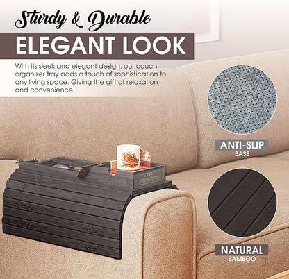 Couch Cup Holder Tray with 2 Cork Coasters, Couch Caddy, Anti-Slip Foldable Armrest Sofa Tray, Couch Armrest Table, Anti-Spill Holder for Remote, Snacks, Cellphone - Ideal Gift (Walnut)