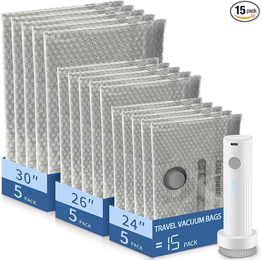 SORON 15 Pack Vacuum Seal Bags for Clothing Travel, Travel Vacuum Storage Bags with Rechargeable air Pump, Carry-on Size Compression for Luggage and Suitcases, Space Saver for Clothes