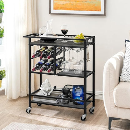 Bar Cart for Home, 3-Tier Serving Cart with Wheels and Handle, Beverage Cart with Wine Rack and Glass Holders, Rolling Wine Cart for Kitchen, Dining Room, Charcoal Gray and Black RCHT6101