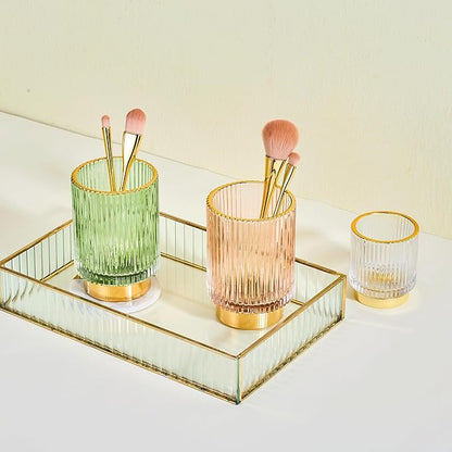 LEICURACE Makeup Brush Holder Organizer,Toothbrush Holders,Desk Pen Pencil Holder,Multifunctional Vintage Glass Brush Cup（L/Green/A3-6-US）