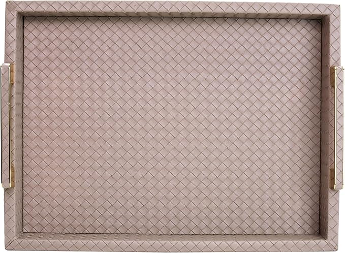 Decorative Serving Tray for Coffee Table, 16"x12" Large Rectangular Ottoman Tray with Gold Handles Faux Leather Serving Trays for Home Decor Living Room, Kitchen and Bedroom -Tan