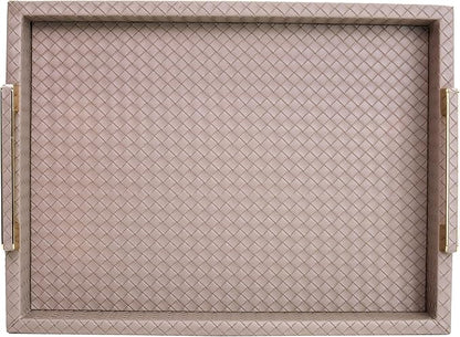 Decorative Serving Tray for Coffee Table, 16"x12" Large Rectangular Ottoman Tray with Gold Handles Faux Leather Serving Trays for Home Decor Living Room, Kitchen and Bedroom -Tan