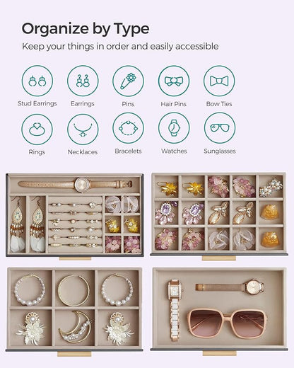SONGMICS Jewelry Box Organizer with Glass Lid, 4-Layer Jewelry Storage, with 3 Drawers, Modern Style, 6 x 9.9 x 8.5 Inches, Interstellar Gray and Gold Color UJBC161C01
