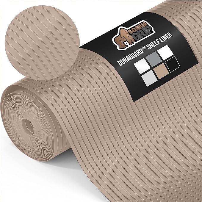 GORILLA GRIP DuraGuard Shelf Liner, 17.5x30 Non-Adhesive Cabinet Liners for Kitchen Drawers, Shelves, Refrigerator, Pantry Storage, Bathroom Closet, Durable Waterproof BPA Free Ribbed Plastic, Beige
