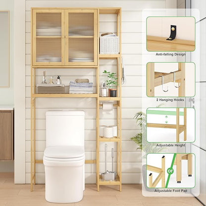 Wisuce Essentials Over The Toilet Storage Cabinet Above Toilet Bathroom Organizer with Toilet Paper Holder Stand Bath Organizer with Adjustable Shelves & Acrylic Doors,Anti-Tip Device (Nature)