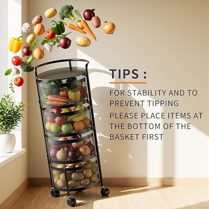 Kitchen Storage Rack No Assembly, 4-Tier Metal Storage Tower Cart Organizer on Rolling Wheels with Removal Basket for Fruit Vegetable Grocery Corns Potato Onion,Fruteros Para Cocina (4-Tier, Black)