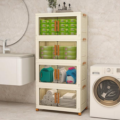 Vavkorkula Plastic Stackable Storage Bins with Lids and Wheels, 148.8QT-37.2QT*4Tier Foldable Storage Containers and Collapsible Clear Storage Cabinet with Doors Ivory White