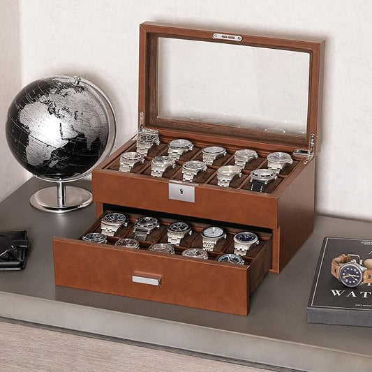 ROTHWELL 20 Slot Leather Watch box - Luxury Case Display Jewelry Organizer, - Locking Display Case Holder with Large Real Glass Top - Watch Box Organizer for Men and Women (Tan/Brown)