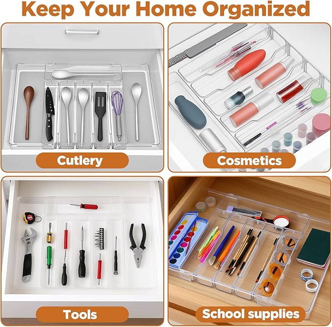 Expandable Utensil Drawer Organizer, Clear Plastic Silverware Tray for Drawers 9 Compartments Adjustable Non-Slip Drawer Storage Organizer forTableware, Knives, Forks, Spoons, Tools, Stationery