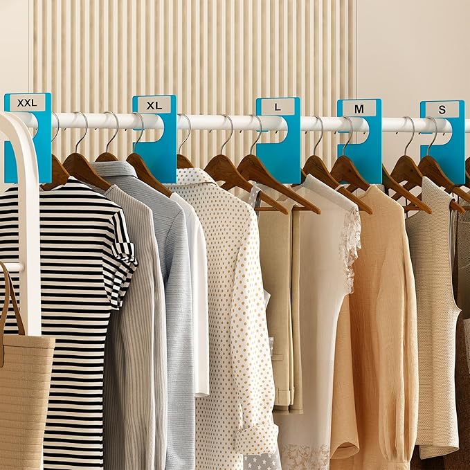32 Pack White Clothing Rack Size Dividers Plus 75 Labels (1 Inch) and 30 Large Blank Labels, Large Rectangular Clothing Closet Dividers (Blue)