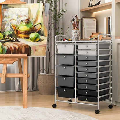 DORTALA 15-Drawer Rolling Storage Cart with Drawers, Rolling Utility Cart w/Removable Drawers & Universal Wheels, Tools Scrapbook Paper Organizer for School, Office, Home, Classroom (Gradient Black)