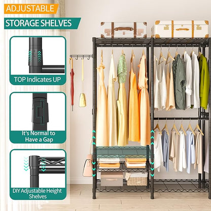 Heavy Duty Garment Rack, Metal Freestanding Closet Wardrobe Clothes Racks for Hanging Clothes, 4 Tiers Adjustable Wire Shelving, 44.9'' L x 16.5'' W x 76.8 '' H, Max Load 800LBS, Black