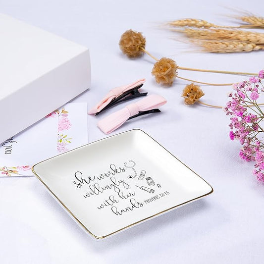 Nurse Appreciation Gifts for Women - She Works Willingly with Her Hands - Nurse Week Gift Ideas for Nurse Practitioner,Pharmacy,Medical,School, Roommate - Ceramic Jewelry Holder Ring Dish Trinket Tray