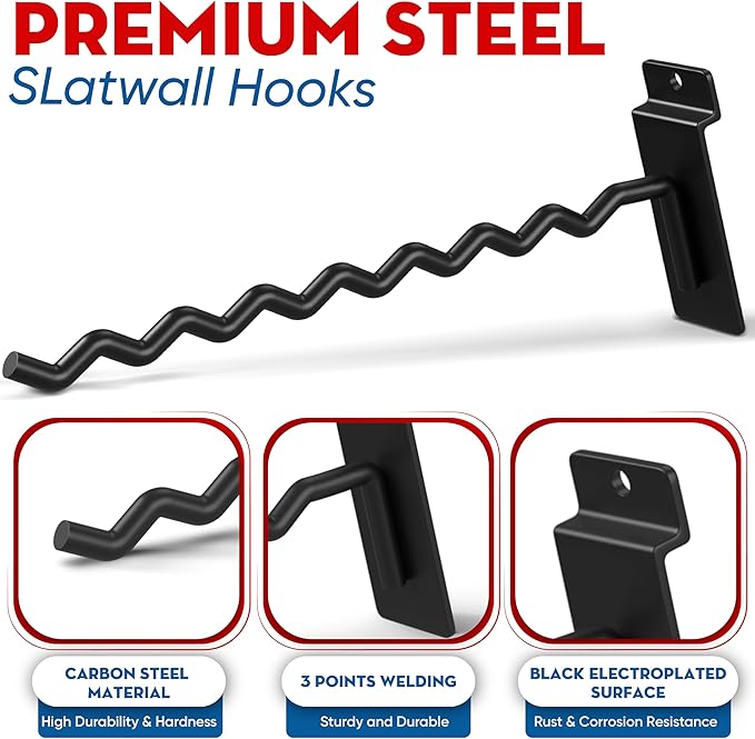 [Upgraded] Slatwall Hooks with Multi Size, Heavy Duty Steel, Firmly & Durable, 30LBS Load- Bearing Capacity, Tool Hanging for Slatwall of Store, Garage, Display Hooks for Retail