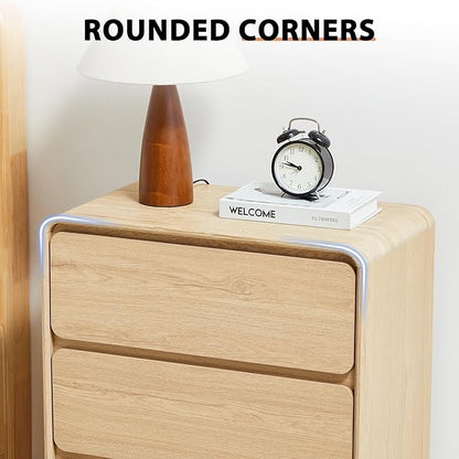AVZEAR Wooden Night Stand wth 3 Drawer Dresser Mid Century Modern End Table Chest of Drawers, Solid Wood Legs & Curved Profile Design, Farmhouse Side Table for Living Room, Natural