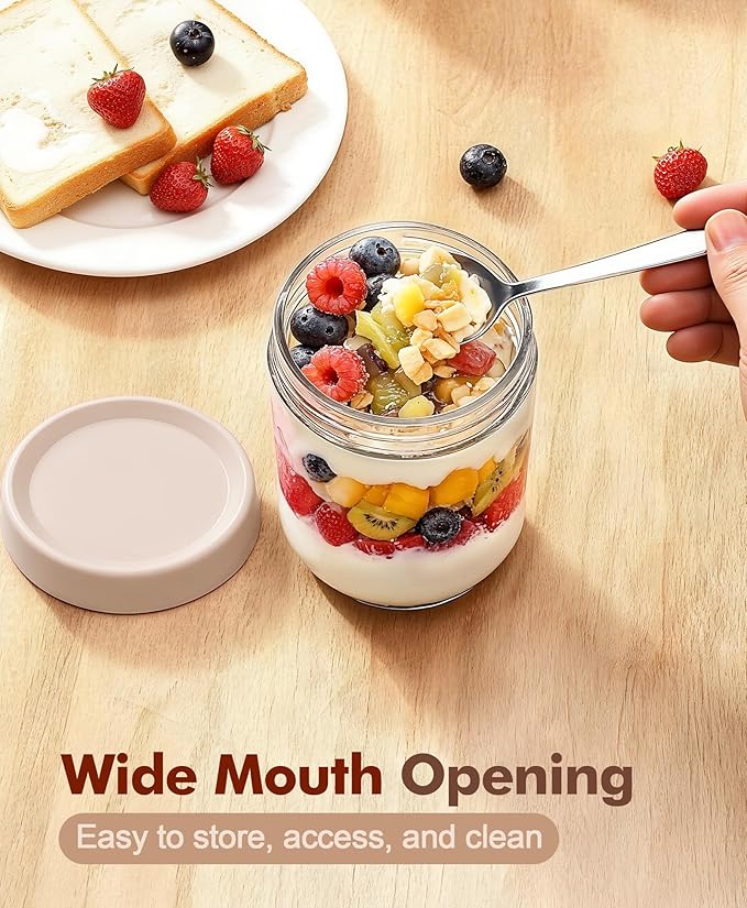 4 pack 16 oz Overnight Oats Containers with Lids and Spoons Glass Jars with Airtight Lids: Wide Mouth Mason Salad Jars, Leakproof and Reusable Glass Food Storage Container for Yogurt Snacks Spice