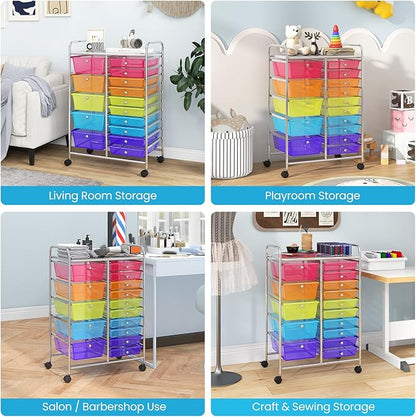 Giantex 15 Drawer Rolling Cart with Drawers, Storage Organizer Cart for Classroom Office School Teacher, Mobile Drawer Cart for Tools, Crafts, Small Printer, Paper (Clear Red+Orange+Green+Blue+Purple)