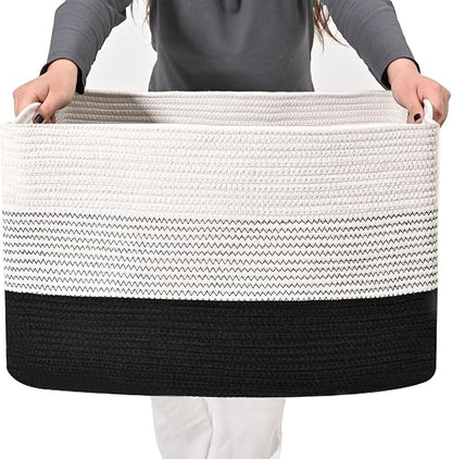 Large Blanket Basket Living Room, Rectangle Toy Storage Basket, Large Baskets for Blankets, Woven Cotton Rope Baskets for Storage, Books, Shoes, Dirty Clothes, 22”x17”x12”, Gradient Black, 75L