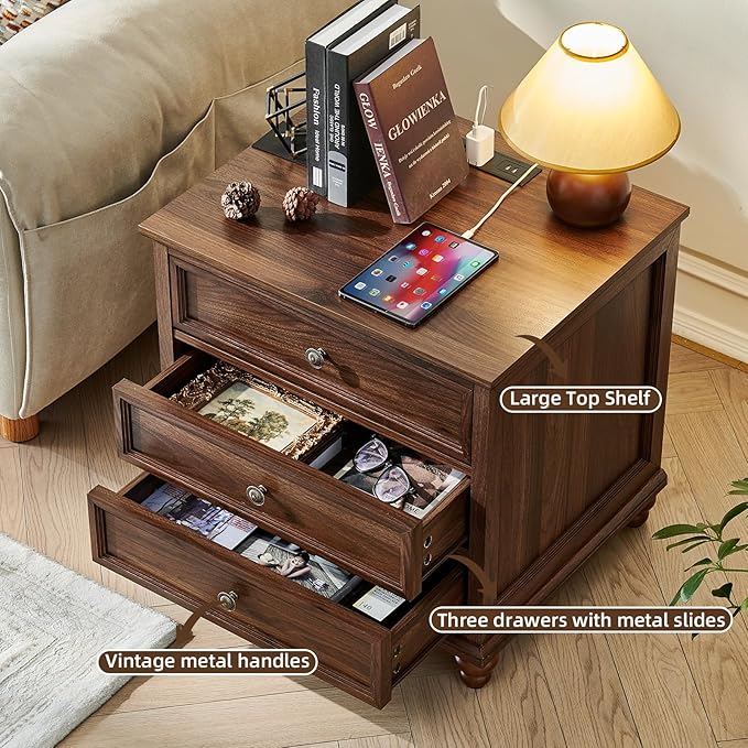 Joaxswe Farmhouse Nightstand Set of 2 with Charging Station, 24" Wide End Table with 3 Drawers,Dresser for Bedroom,Bed Side Table Chest of Drawers Cabinet,Wood Brown Night Stand for Living Room