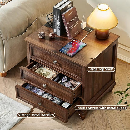 Joaxswe Farmhouse Nightstand Set of 2 with Charging Station, 24" Wide End Table with 3 Drawers,Dresser for Bedroom,Bed Side Table Chest of Drawers Cabinet,Wood Brown Night Stand for Living Room