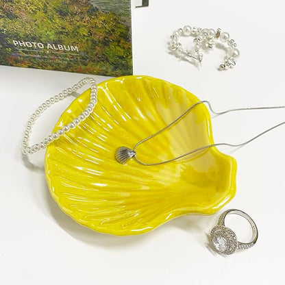 Shell Trinket Dish, Ceramic Jewelry Dish Tray, Cute Organizer Plate for Jewelry, Seashell Jewelry Ring Holder, Birthday Mother's Day Christmas Gift for Women, 3.9", Bright Yellow Iridescent Surface