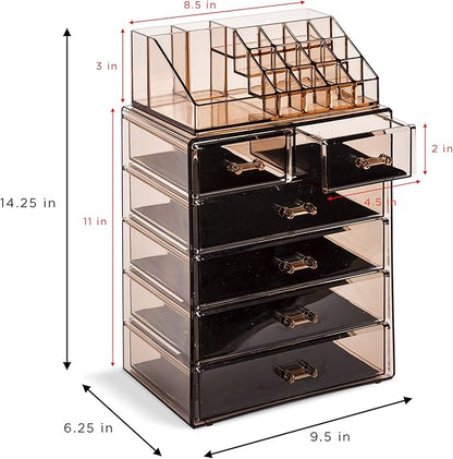 Sorbus Acrylic Makeup Organizer Set, 6-Drawer Vanity & Countertop Cosmetic Storage with Small & Wide Compartments, Bronze Glow Makeup Storage for Brushes, Jewelry – Holiday Gift for Women & Teens